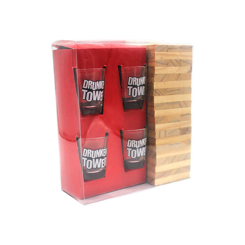 Trink-Jenga-Set aus Holz mit Schnapsgläsern