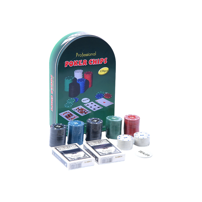 Grün gewölbte Metalldose 120 Chips mit Karten und Händlerknopf Professionelles Poker Chips Set