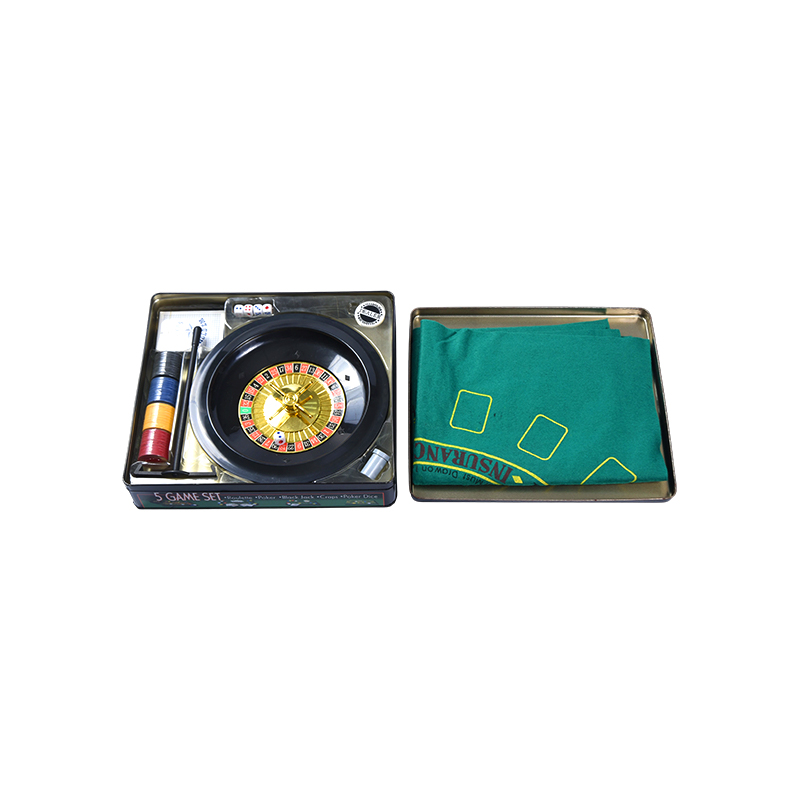5-in-1 Casino-Spielset – Roulette, Poker, Black Jack, Craps, Pokerwürfel in Metalldose