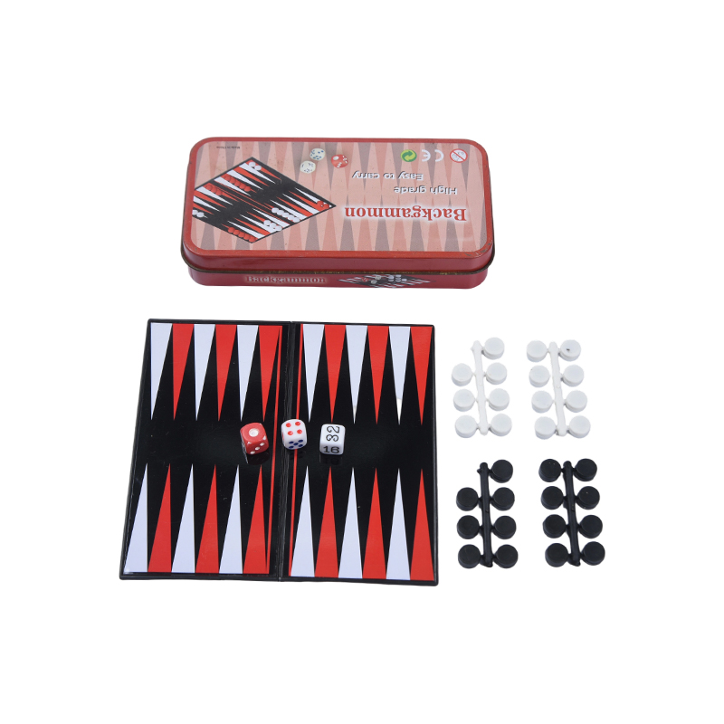 Tragbares Backgammon-Spielset aus Metall in Blechhülle