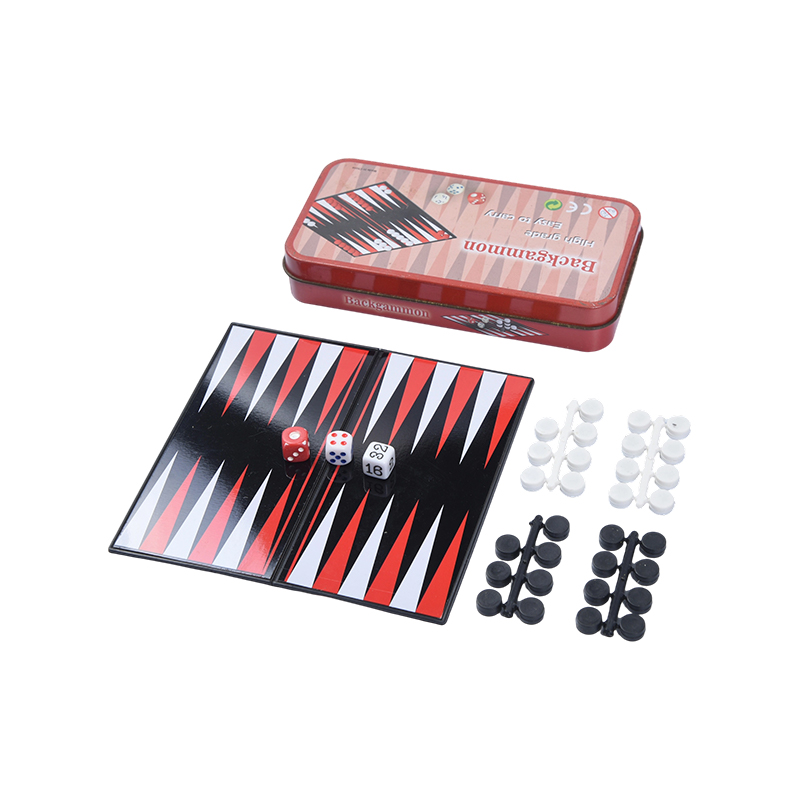 Tragbares Backgammon-Spielset aus Metall in Blechhülle
