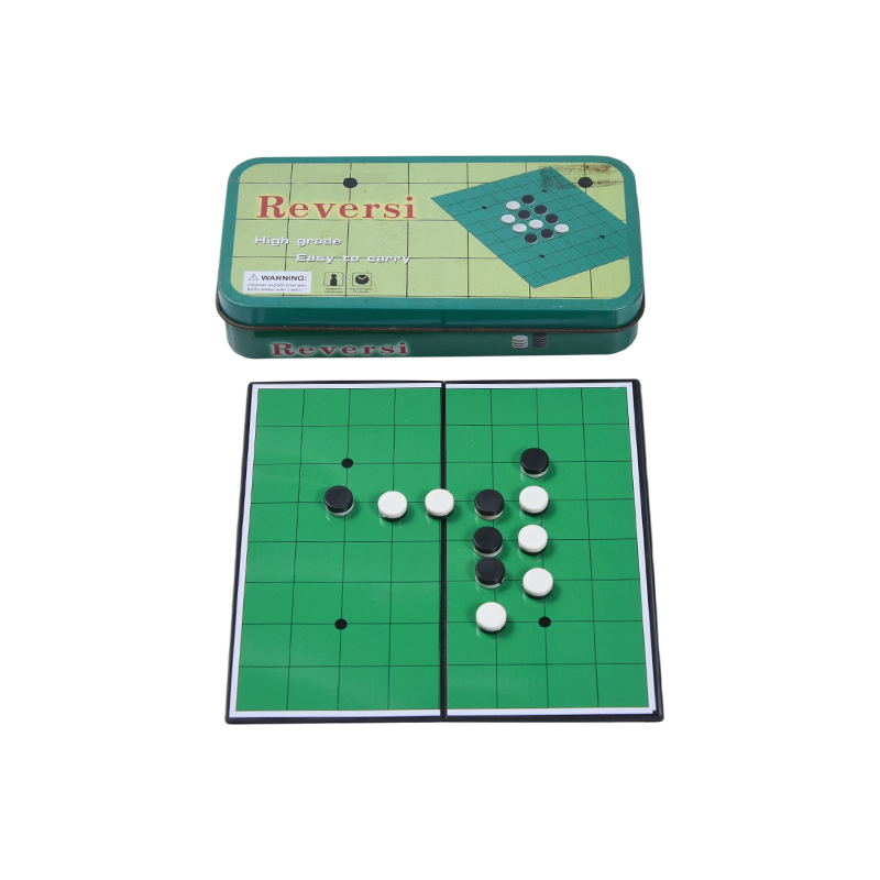 Tragbares Reversi-Spiel (Othello) aus grünem Metallblechgehäuse