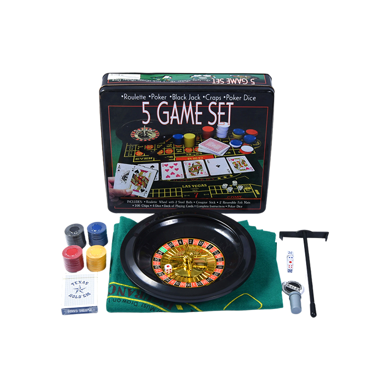 5-in-1 Casino-Spielset – Roulette, Poker, Black Jack, Craps, Pokerwürfel in Metalldose