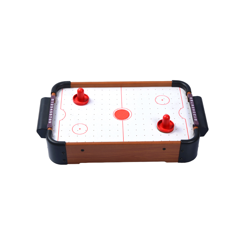 Mini-Desktop-Spiel mit roten Pucks und Punktezählern Kompakter Airhockey-Tisch aus Holz 