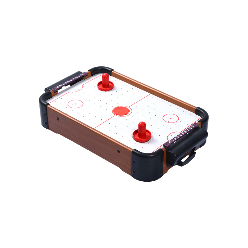 Mini-Desktop-Spiel mit roten Pucks und Punktezählern Kompakter Airhockey-Tisch aus Holz 