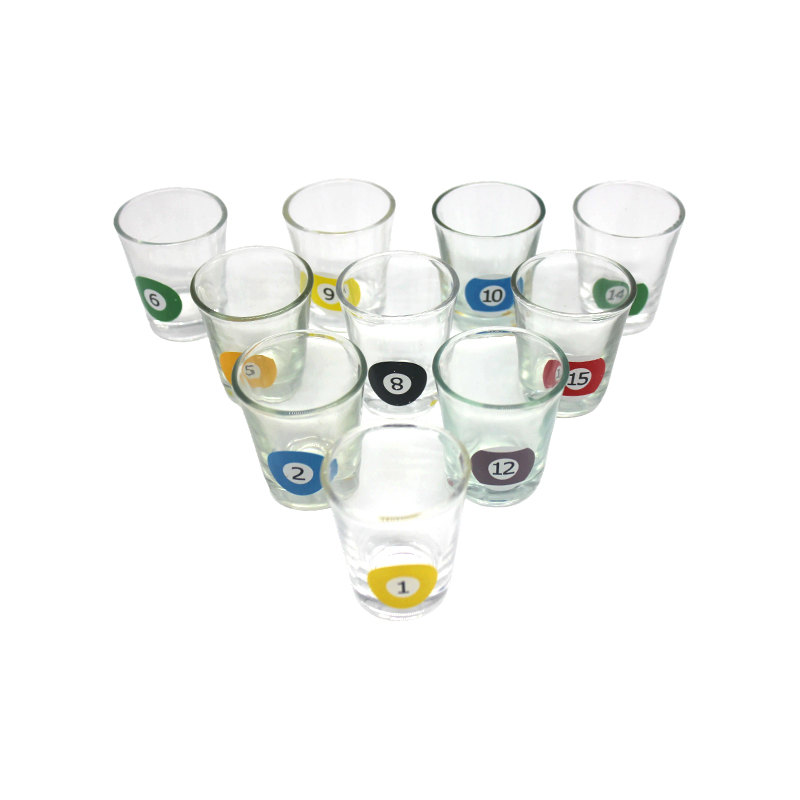 10 Gläser mit Billardkugelnummern, Schnapsglas-Set zum Thema Pool mit dreieckigem Gestell